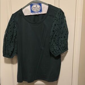 Eloquii Green Puff Sleeve Blouse with Embellished Details